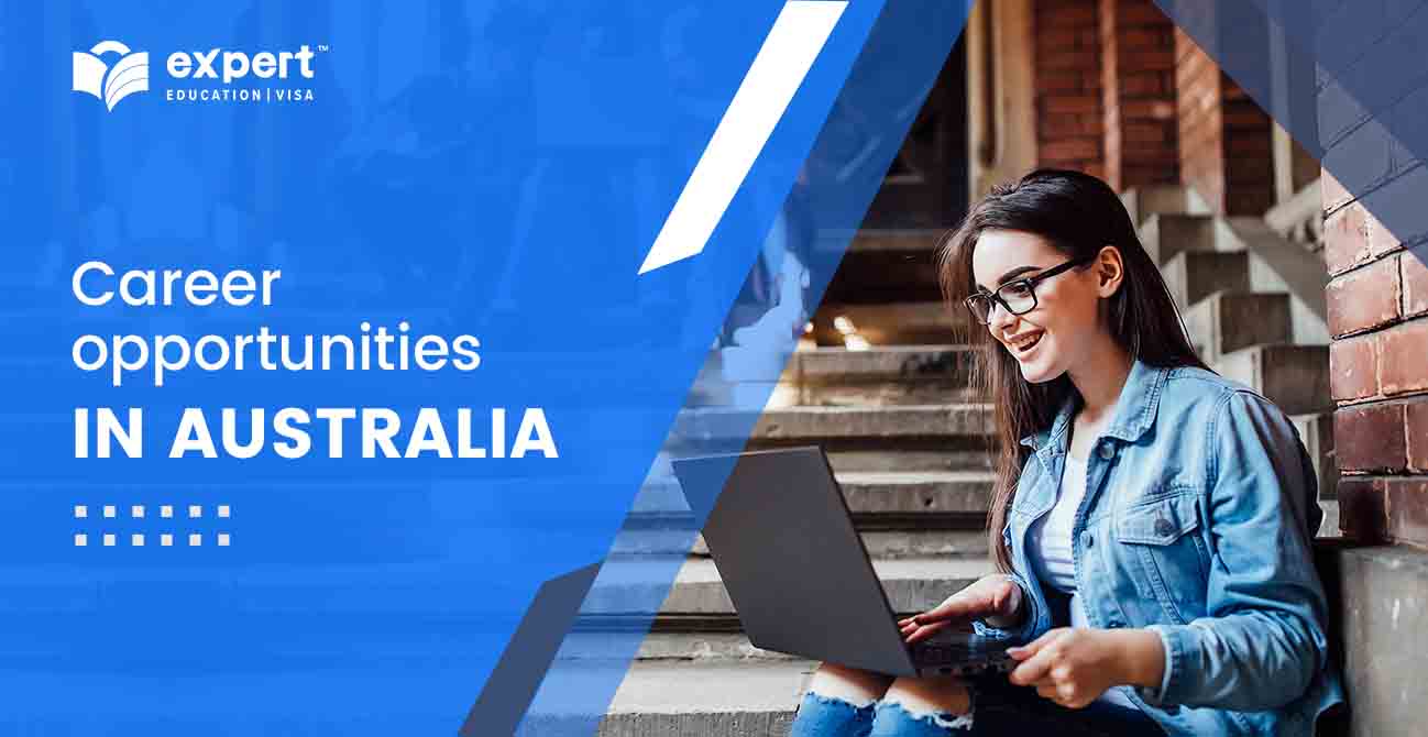 Student smiling to see career opportunity in Australia in her laptop